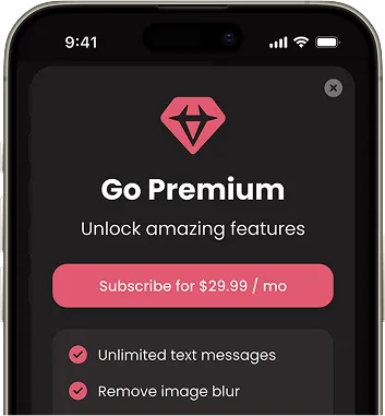 Mobile app screen displaying a 'Go Premium' offer with a subscription price of $29.99 per month, featuring benefits like unlimited text messages and removal of image blur.