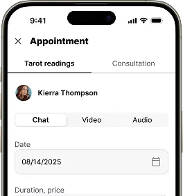 A smartphone screen displays an appointment booking interface for a tarot reading with Kierra Thompson. Options for chat, video, or audio format are shown, along with a selected date of August 14, 2025.