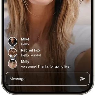 A smartphone screen shows a messaging app with three user messages in a live chat, conveying a friendly interaction.