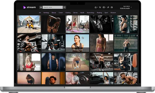 A laptop displaying a grid of fitness and wellness images, including workout sessions and bodybuilding, on a dark-themed interface.