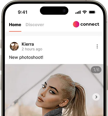 A smartphone screen shows a social media app with a post by Kierra saying "New photoshoot!" and an image of a woman posing outdoors.